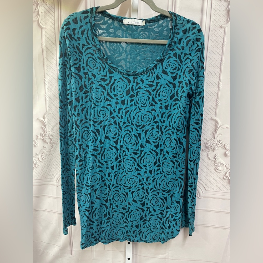 Cut Loose teal & black sheer burnout floral large top